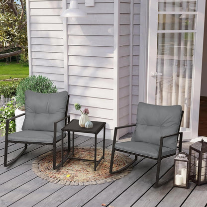 SUNCROWN Set da bistrot per conversazione con sedie a dondolo in vimini marrone/nero da esterno, 3 pezzi