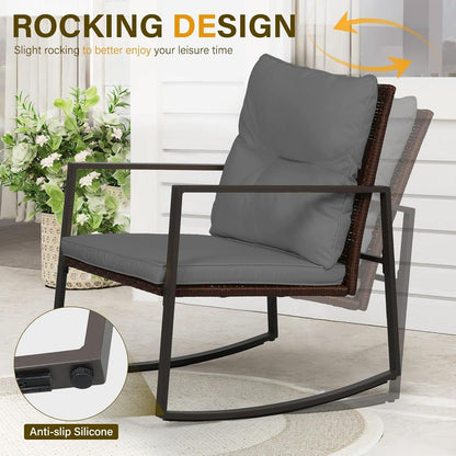 SUNCROWN Set da bistrot per conversazione con sedie a dondolo in vimini marrone/nero da esterno, 3 pezzi