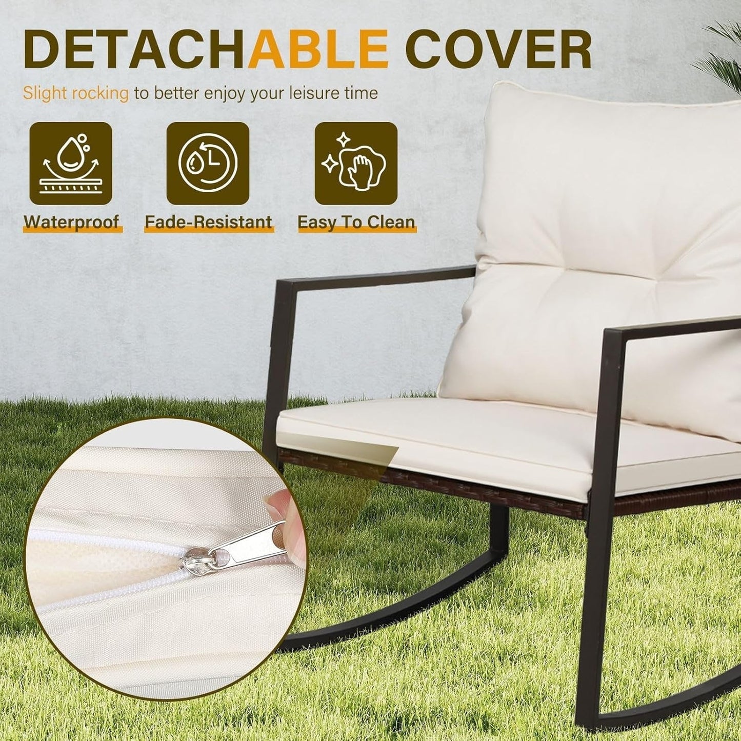 SUNCROWN Set da bistrot per conversazione con sedie a dondolo in vimini marrone/nero da esterno, 3 pezzi