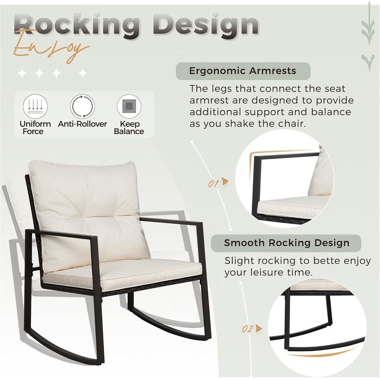 SUNCROWN Set da bistrot per conversazione con sedie a dondolo in vimini marrone/nero da esterno, 3 pezzi