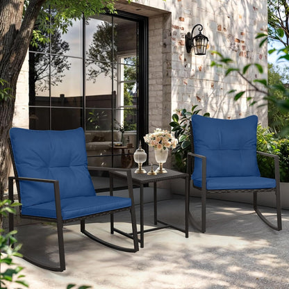 SUNCROWN Set da bistrot per conversazione con sedie a dondolo in vimini marrone/nero da esterno, 3 pezzi