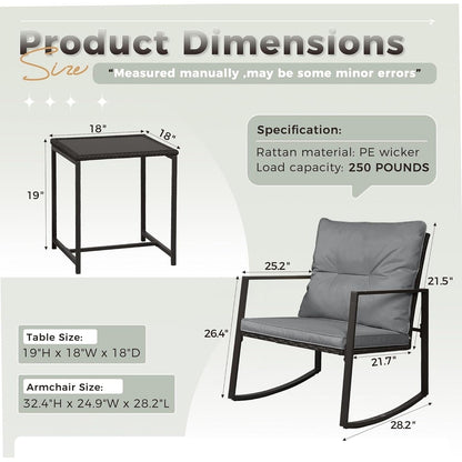 SUNCROWN Set da bistrot per conversazione con sedie a dondolo in vimini marrone/nero da esterno, 3 pezzi