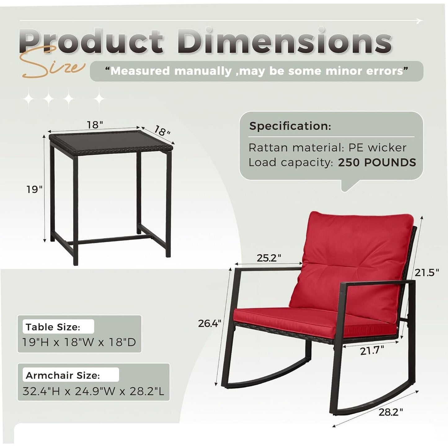 SUNCROWN Set da bistrot per conversazione con sedie a dondolo in vimini marrone/nero da esterno, 3 pezzi