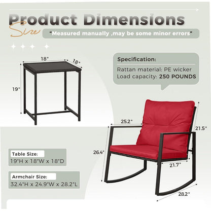 SUNCROWN Set da bistrot per conversazione con sedie a dondolo in vimini marrone/nero da esterno, 3 pezzi