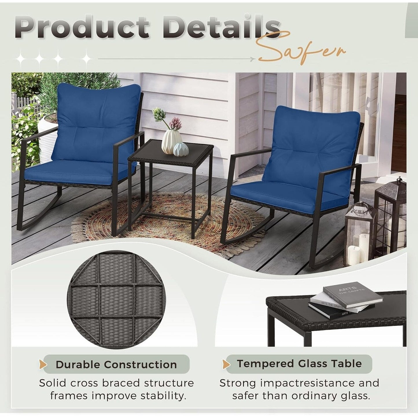 SUNCROWN Set da bistrot per conversazione con sedie a dondolo in vimini marrone/nero da esterno, 3 pezzi