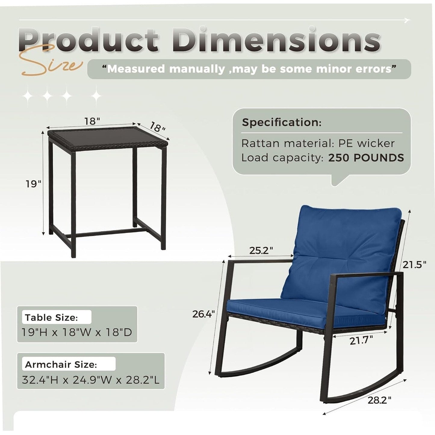 SUNCROWN Set da bistrot per conversazione con sedie a dondolo in vimini marrone/nero da esterno, 3 pezzi