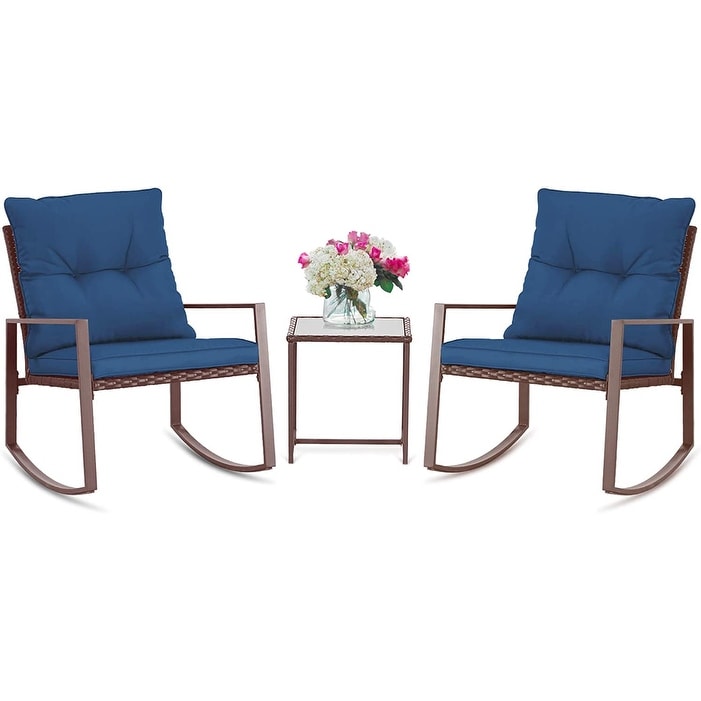 SUNCROWN Set da bistrot per conversazione con sedie a dondolo in vimini marrone/nero da esterno, 3 pezzi