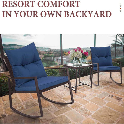 SUNCROWN Set da bistrot per conversazione con sedie a dondolo in vimini marrone/nero da esterno, 3 pezzi