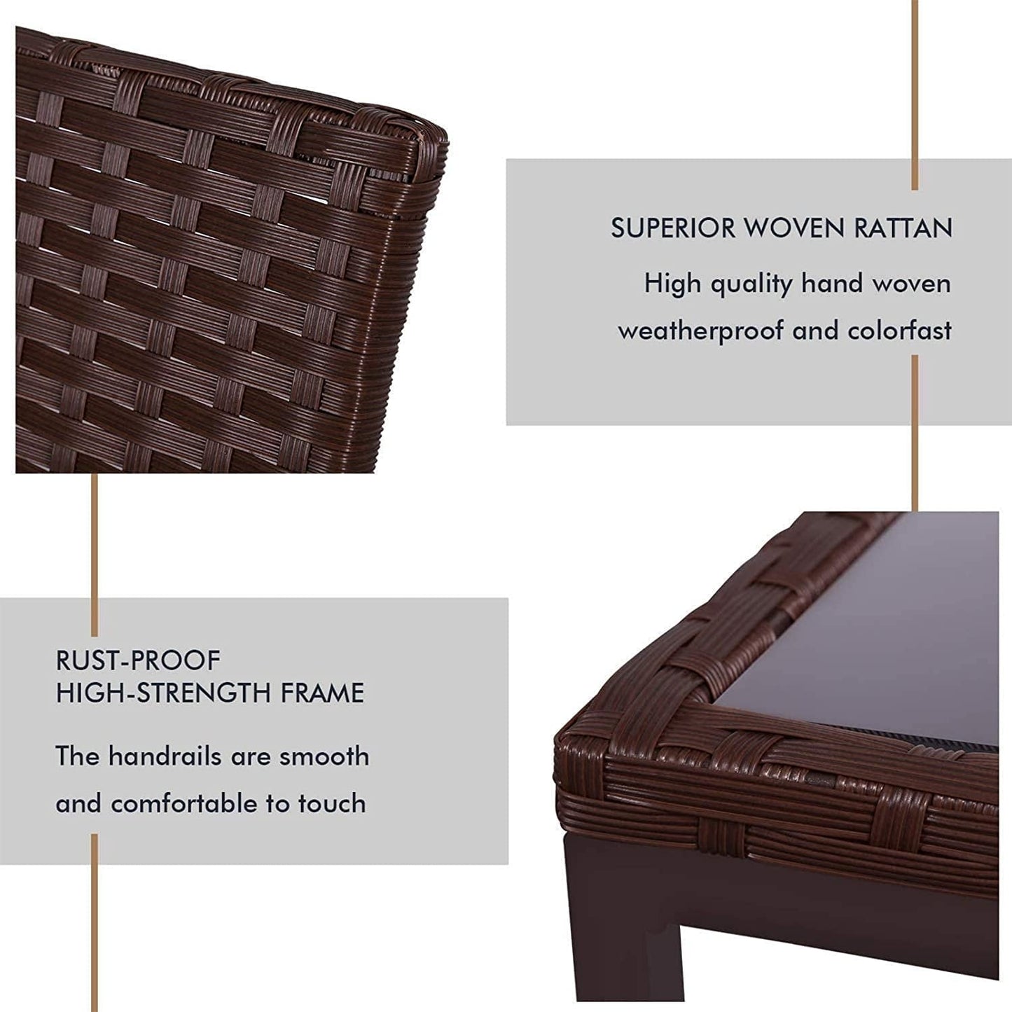 SUNCROWN Set da bistrot per conversazione con sedie a dondolo in vimini marrone/nero da esterno, 3 pezzi