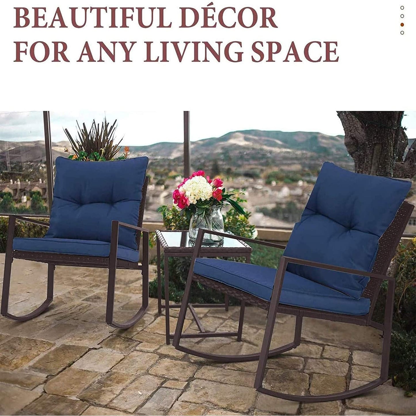 SUNCROWN Set da bistrot per conversazione con sedie a dondolo in vimini marrone/nero da esterno, 3 pezzi