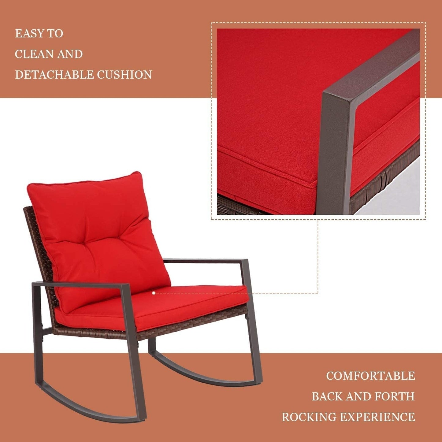 SUNCROWN Set da bistrot per conversazione con sedie a dondolo in vimini marrone/nero da esterno, 3 pezzi