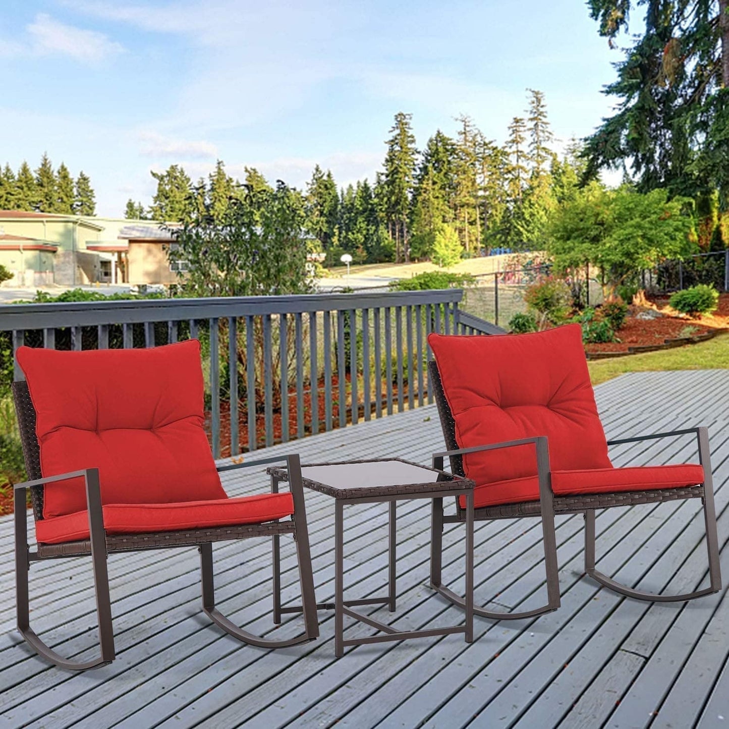 SUNCROWN Set da bistrot per conversazione con sedie a dondolo in vimini marrone/nero da esterno, 3 pezzi