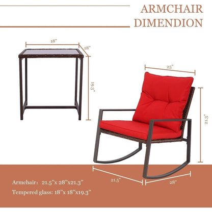 SUNCROWN Set da bistrot per conversazione con sedie a dondolo in vimini marrone/nero da esterno, 3 pezzi