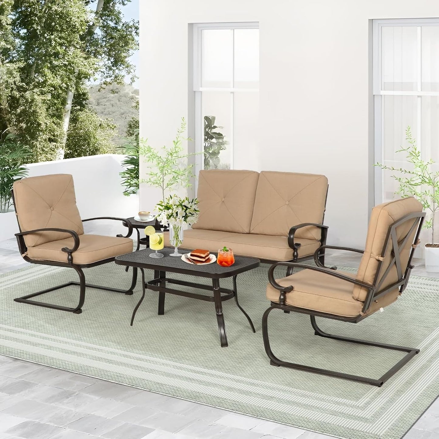 Set da conversazione per esterni SUNCROWN da 5 pezzi, panca da giardino e 2 sedie a sdraio con 2 tavolini da caffè