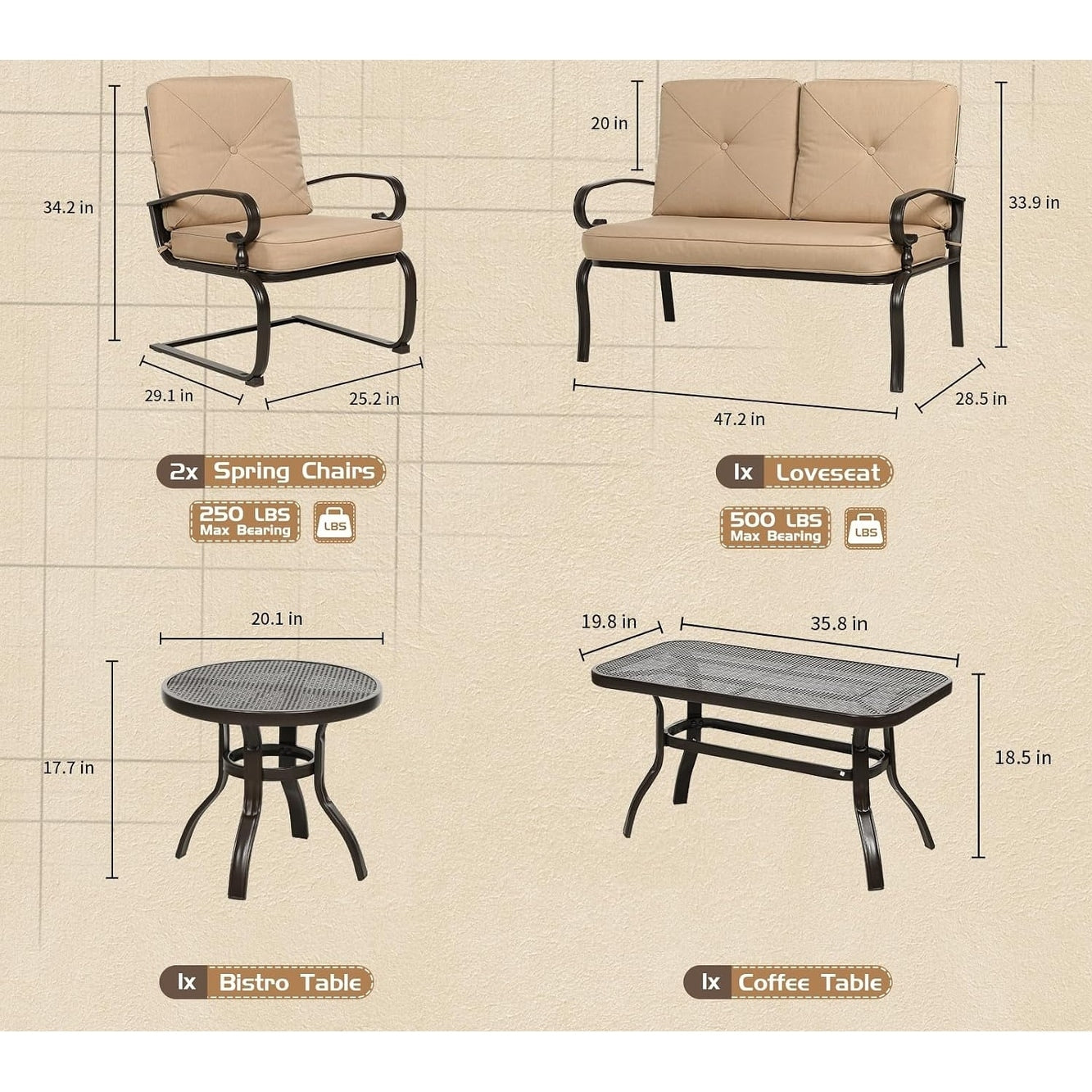 Set da conversazione per esterni SUNCROWN da 5 pezzi, panca da giardino e 2 sedie a sdraio con 2 tavolini da caffè