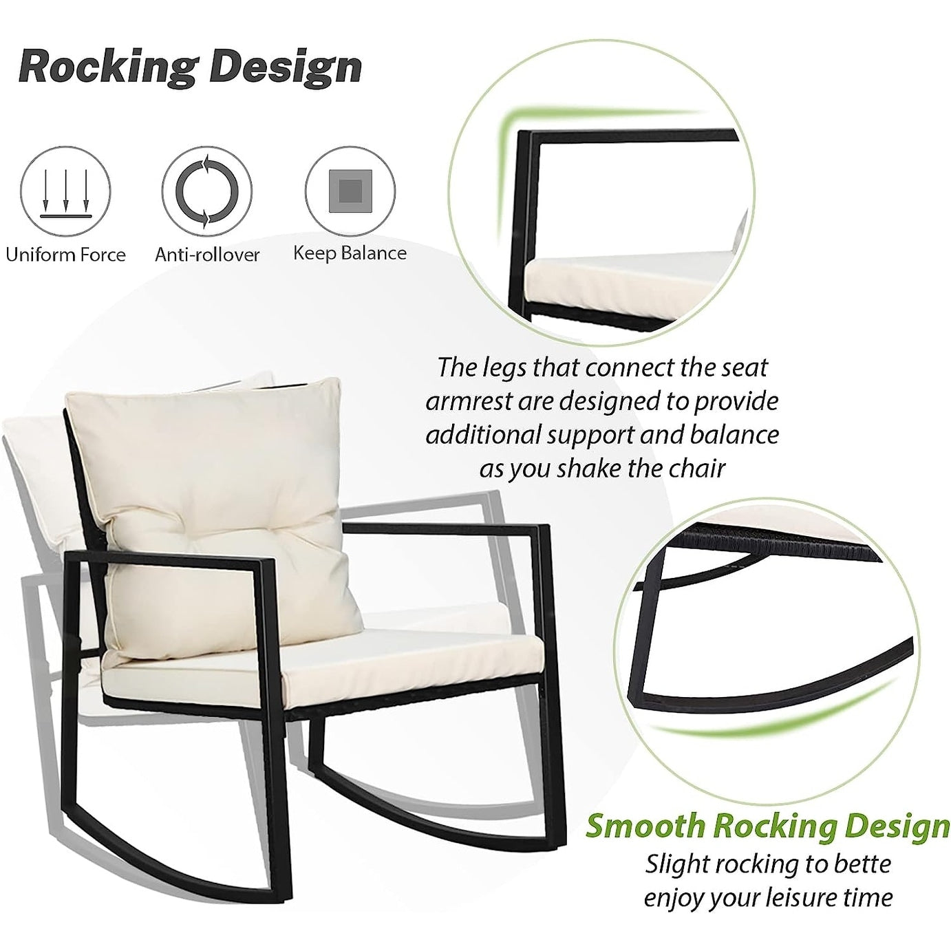 Set da bistrot a dondolo per patio da esterno in metallo nero SUNCROWN da 3 pezzi