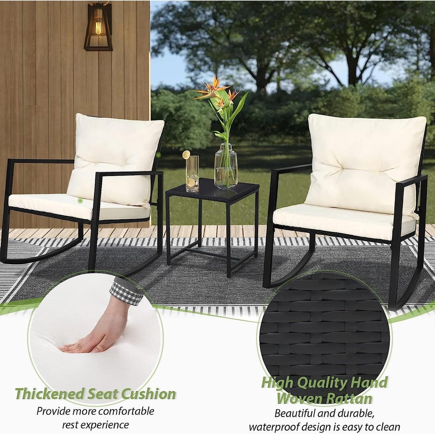 Set da bistrot a dondolo per patio da esterno in metallo nero SUNCROWN da 3 pezzi