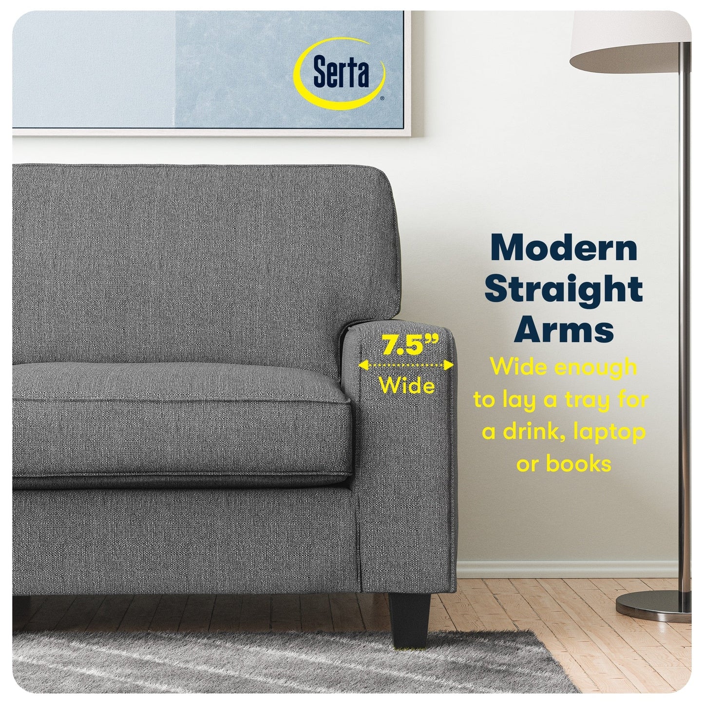 Divano Serta Palisades 73 Track Arm, in poliestere di facile manutenzione, con schienale morbido e cuscini di seduta a molle insacchettate.