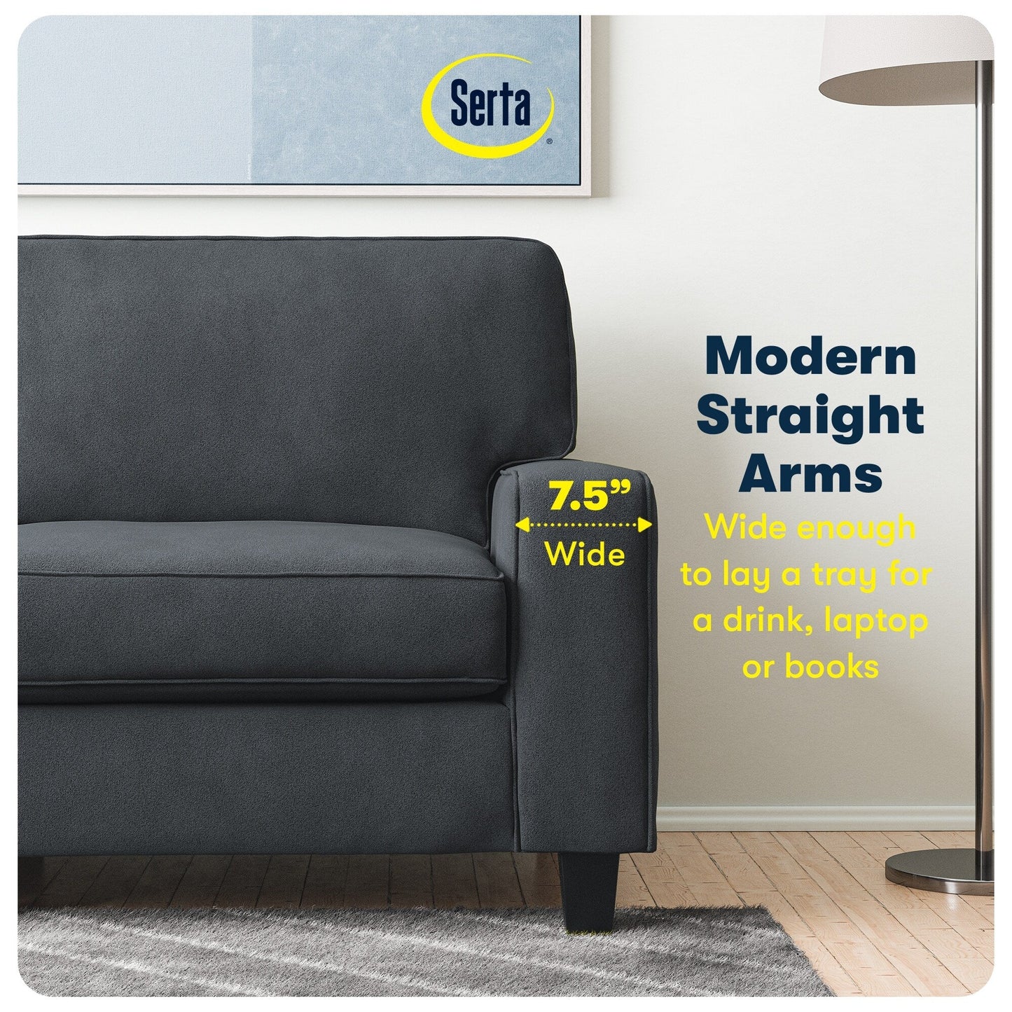 Divano Serta Palisades 73 Track Arm, in poliestere di facile manutenzione, con schienale morbido e cuscini di seduta a molle insacchettate.