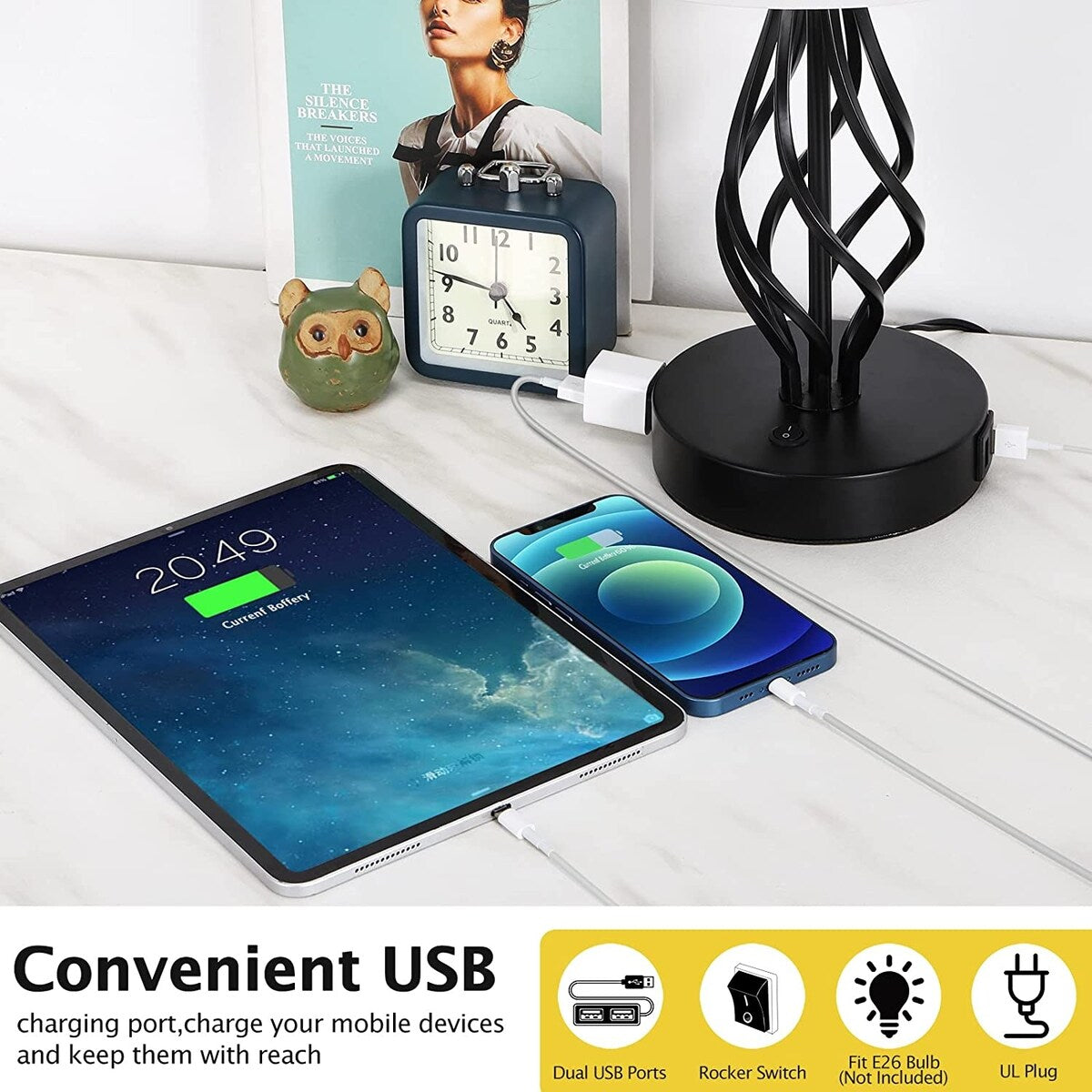 Set di 2 - Lampada da comodino con doppia porta di ricarica USB e 1 presa CA