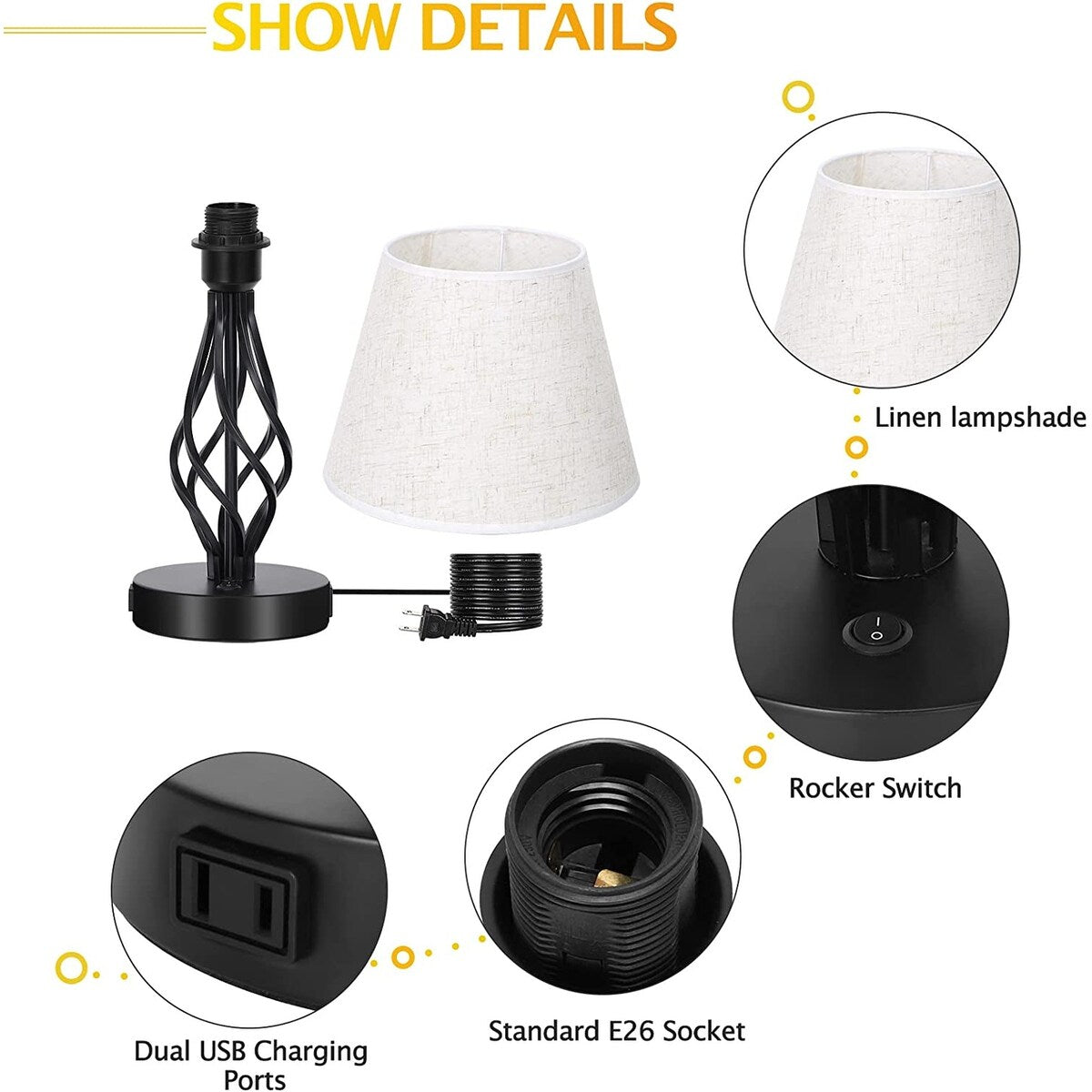 Set di 2 - Lampada da comodino con doppia porta di ricarica USB e 1 presa CA