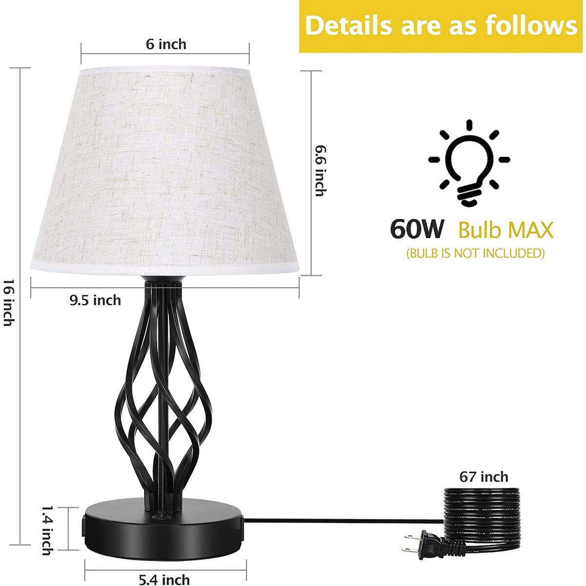 Set di 2 - Lampada da comodino con doppia porta di ricarica USB e 1 presa CA