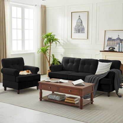 Set di 3 divani in ciniglia per soggiorno, rivestimento con bottoni e borchie, gambe in legno massello di gomma