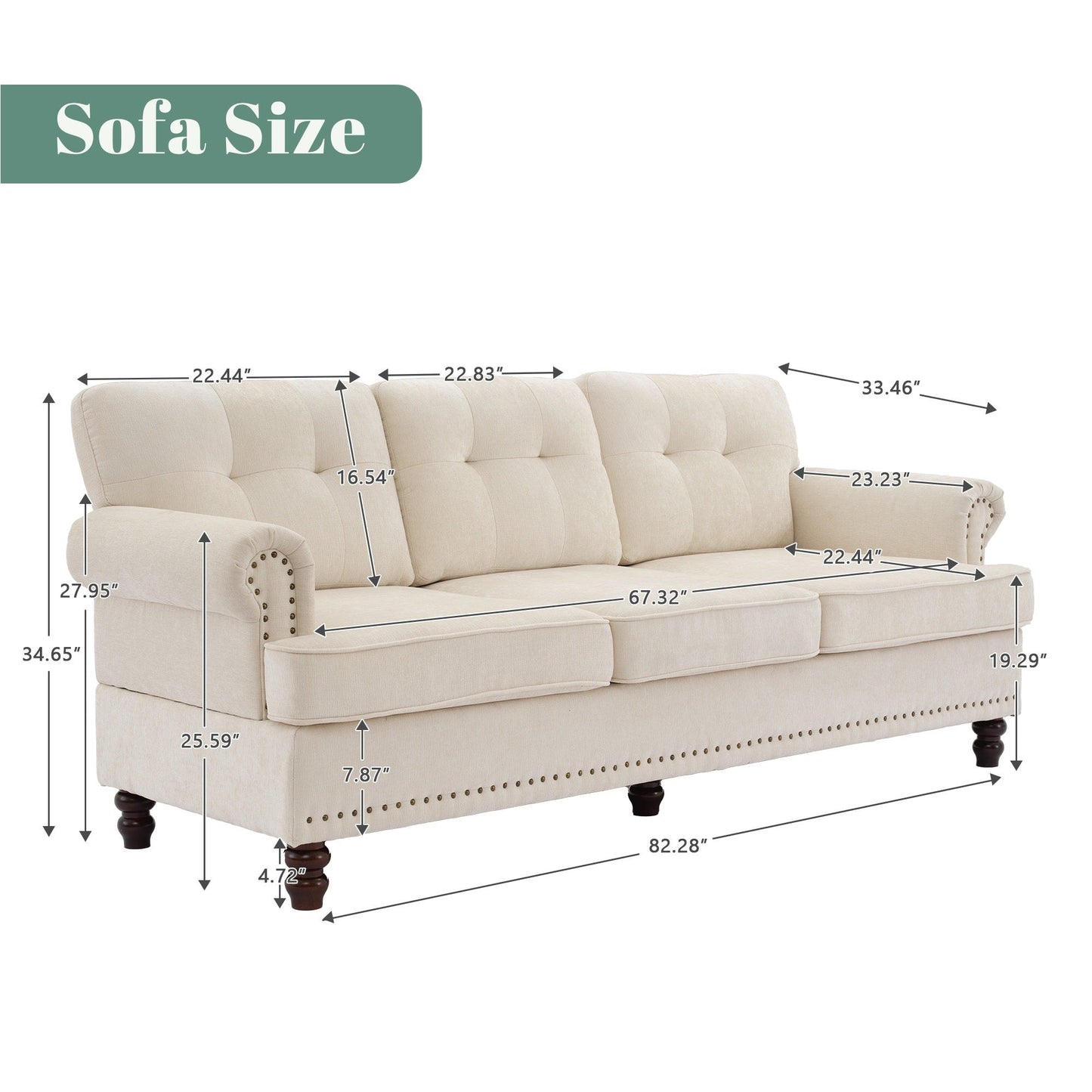 Set di 3 divani in ciniglia per soggiorno, rivestimento con bottoni e borchie, gambe in legno massello di gomma