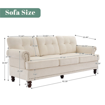 Set di 3 divani in ciniglia per soggiorno, rivestimento con bottoni e borchie, gambe in legno massello di gomma