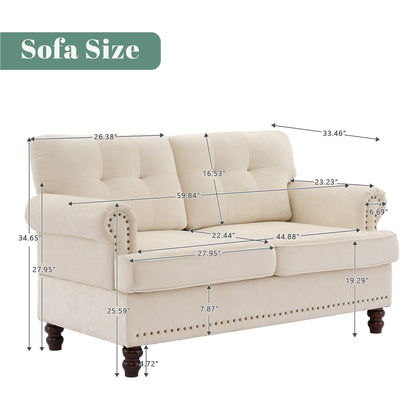 Set di 3 divani in ciniglia per soggiorno, rivestimento con bottoni e borchie, gambe in legno massello di gomma