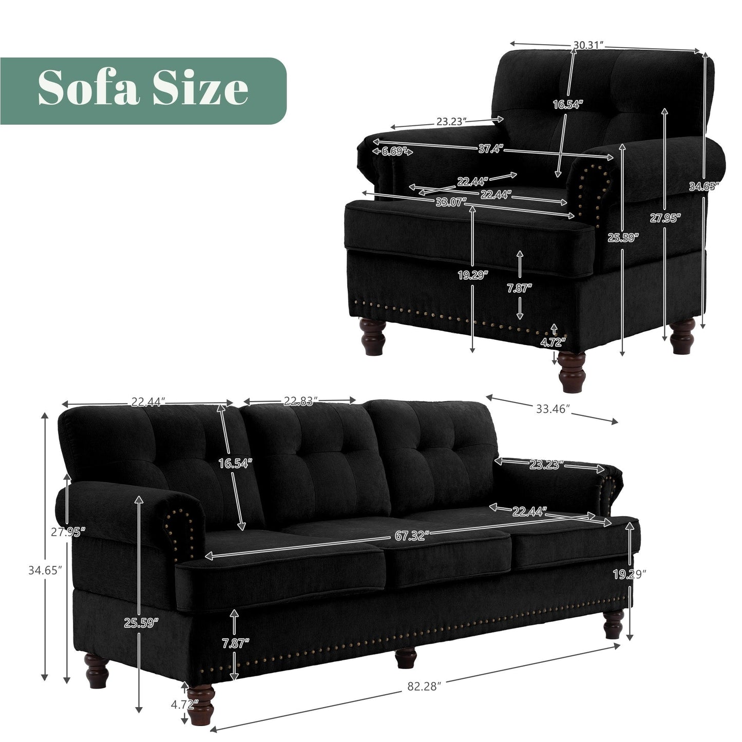 Set di 3 divani in ciniglia per soggiorno, rivestimento con bottoni e borchie, gambe in legno massello di gomma