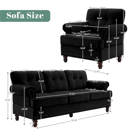 Set di 3 divani in ciniglia per soggiorno, rivestimento con bottoni e borchie, gambe in legno massello di gomma