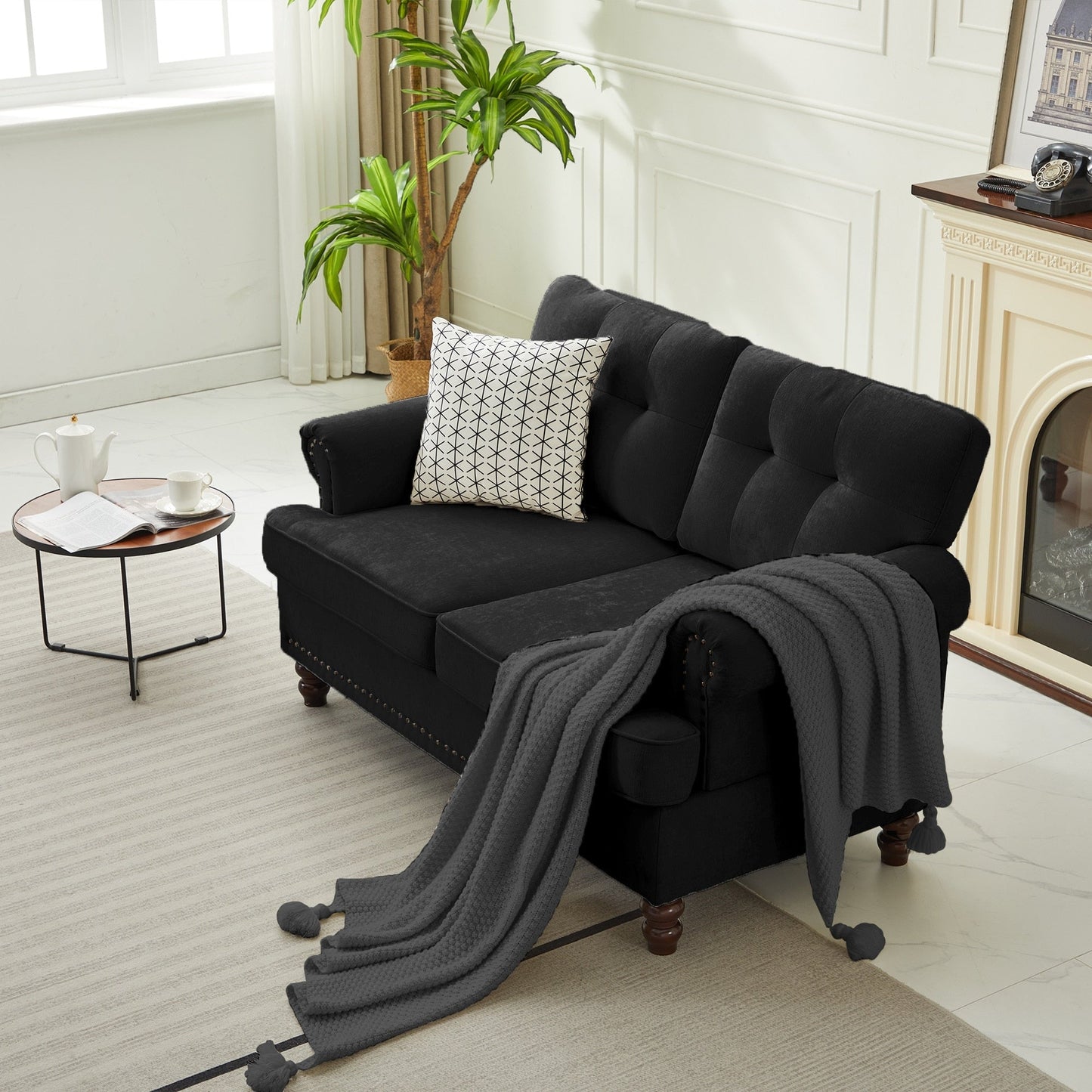 Set di 3 divani in ciniglia per soggiorno, rivestimento con bottoni e borchie, gambe in legno massello di gomma