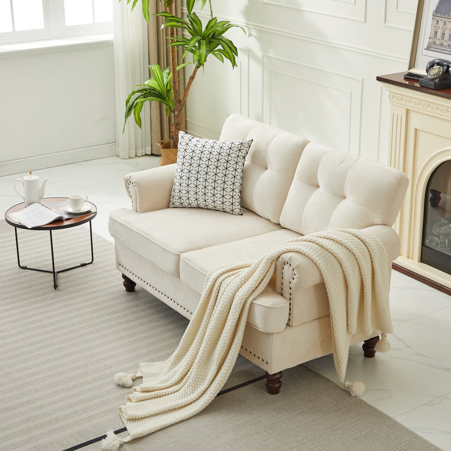 Set di 3 divani in ciniglia per soggiorno, rivestimento con bottoni e borchie, gambe in legno massello di gomma