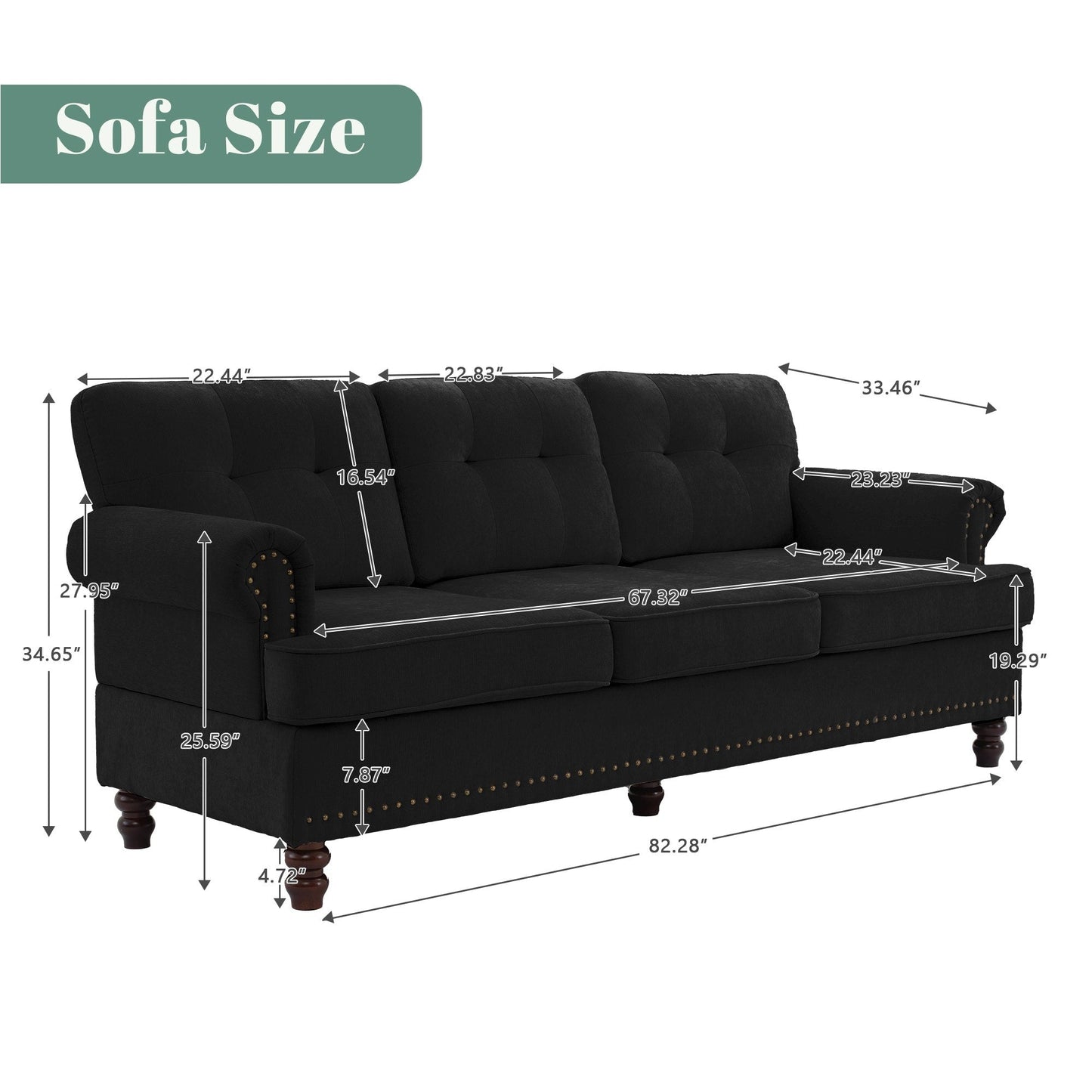 Set di 3 divani in ciniglia per soggiorno, rivestimento con bottoni e borchie, gambe in legno massello di gomma