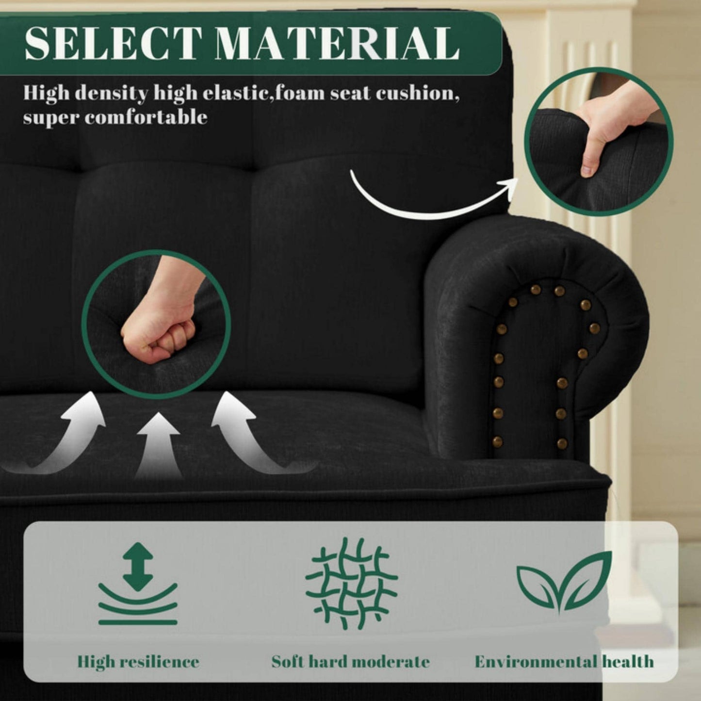 Set di 3 divani in ciniglia per soggiorno, rivestimento con bottoni e borchie, gambe in legno massello di gomma