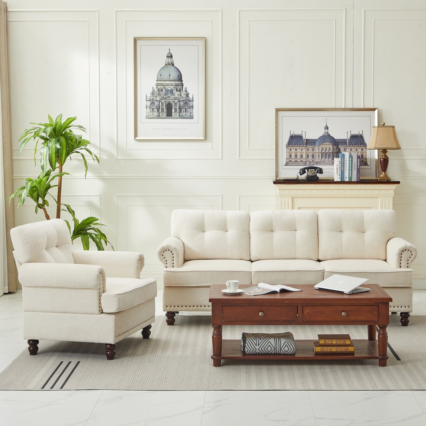 Set di 3 divani in ciniglia per soggiorno, rivestimento con bottoni e borchie, gambe in legno massello di gomma