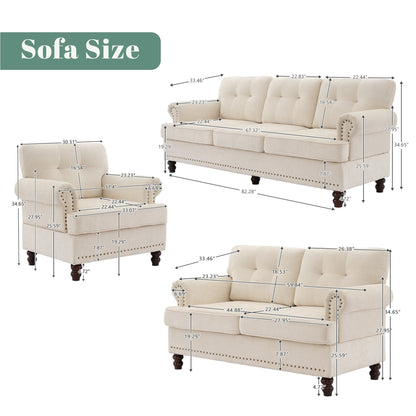 Set di 3 divani in ciniglia per soggiorno, rivestimento con bottoni e borchie, gambe in legno massello di gomma