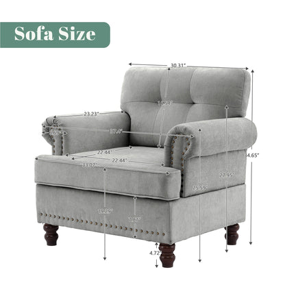 Set di 3 divani in ciniglia per soggiorno, rivestimento con bottoni e borchie, gambe in legno massello di gomma