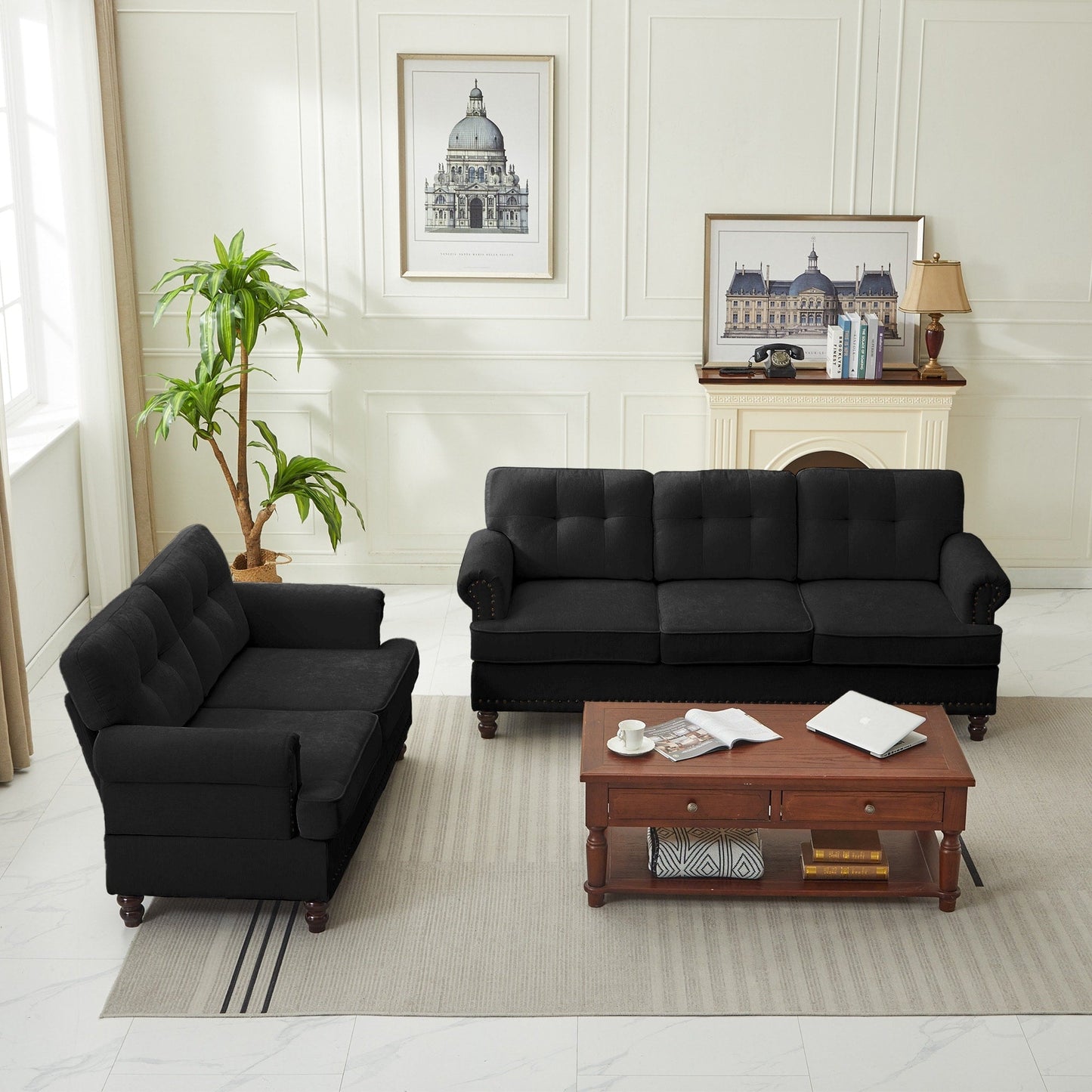 Set di 3 divani in ciniglia per soggiorno, rivestimento con bottoni e borchie, gambe in legno massello di gomma