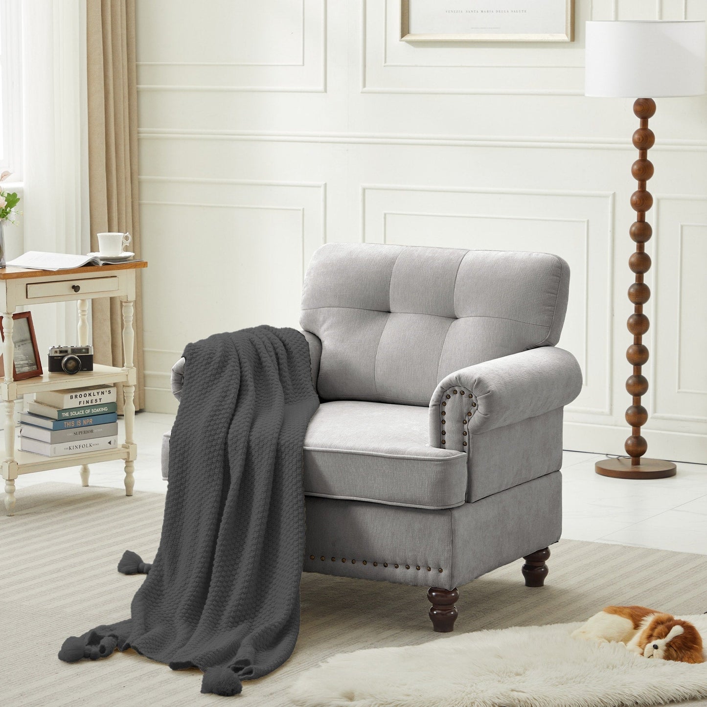 Set di 3 divani in ciniglia per soggiorno, rivestimento con bottoni e borchie, gambe in legno massello di gomma