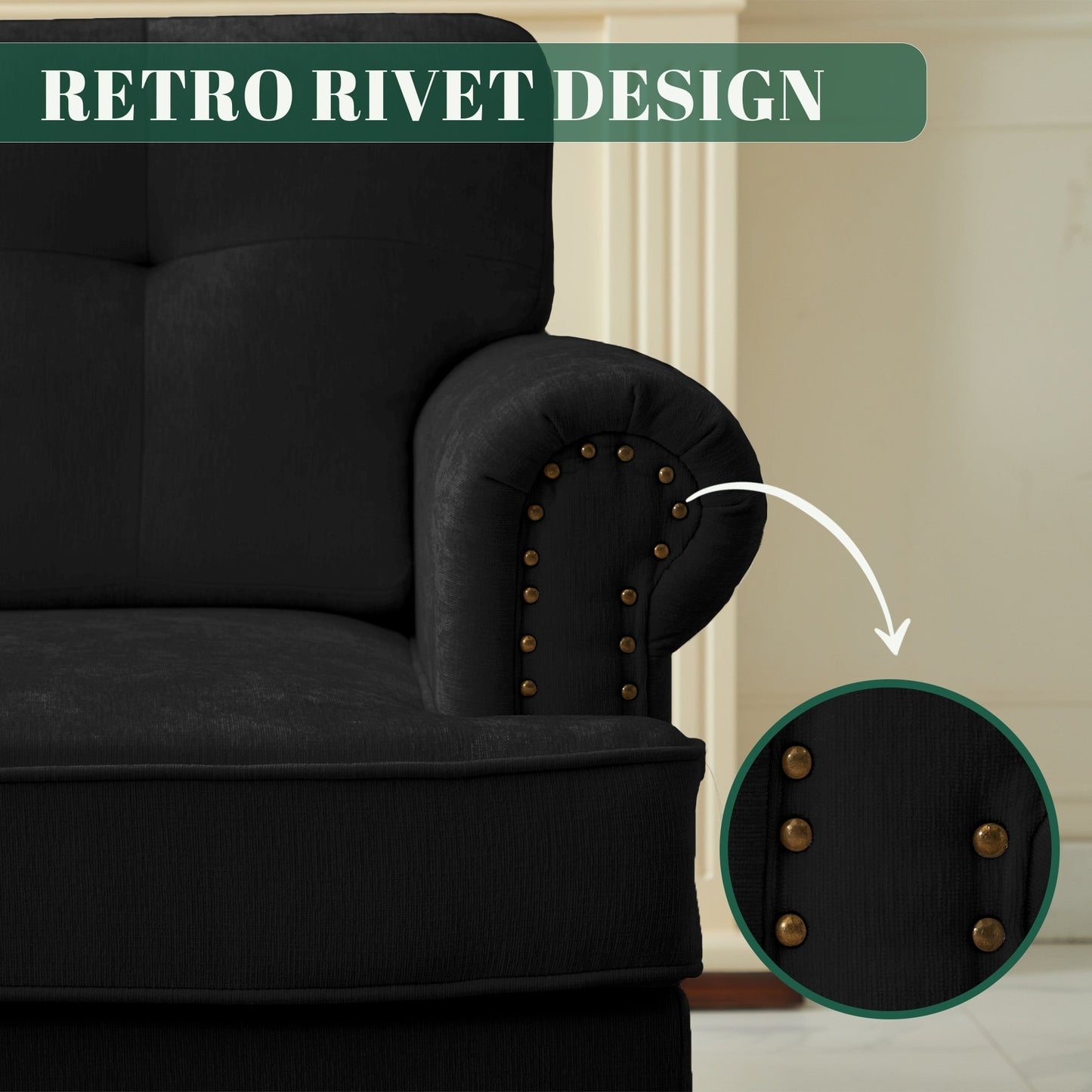 Set di 3 divani in ciniglia per soggiorno, rivestimento con bottoni e borchie, gambe in legno massello di gomma