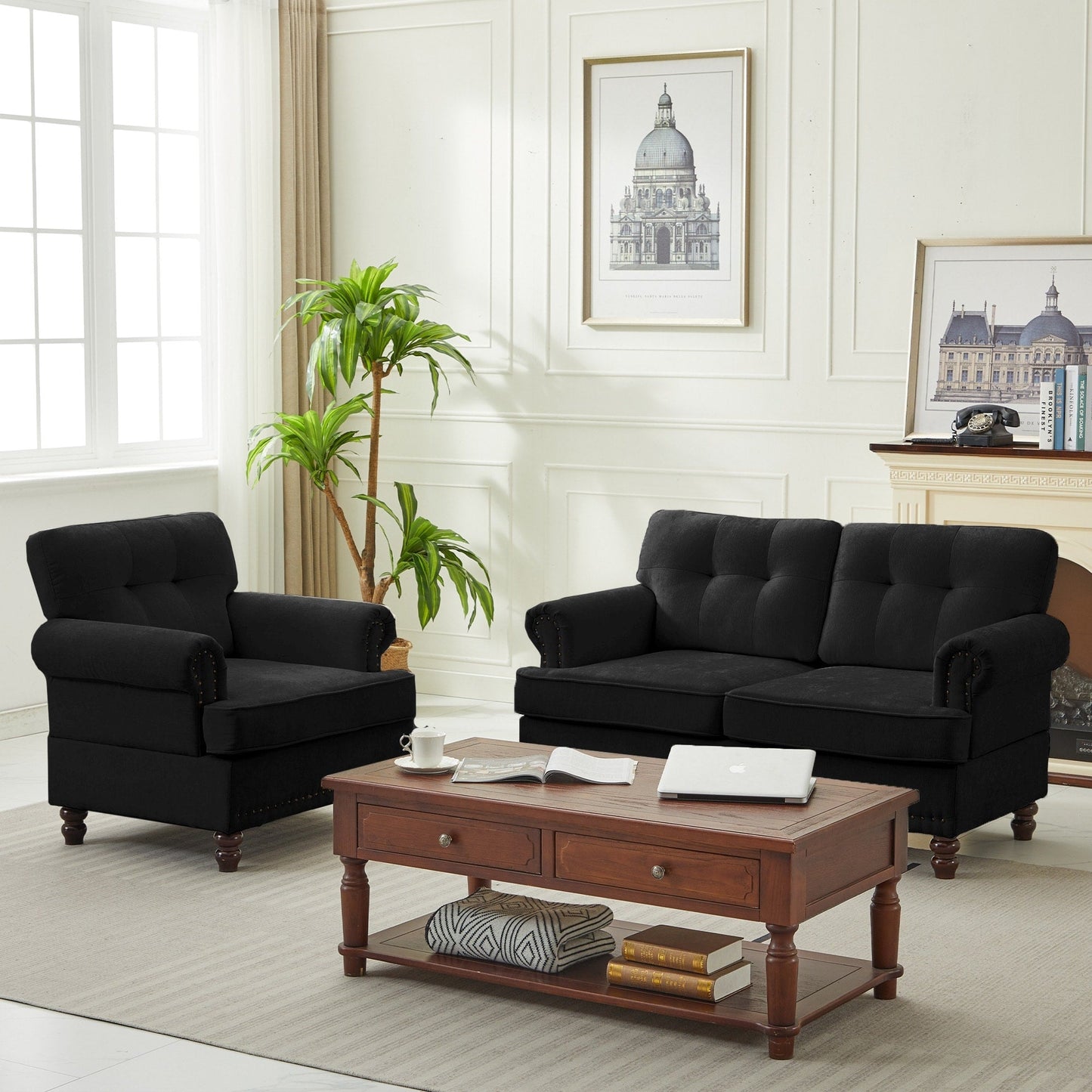 Set di 3 divani in ciniglia per soggiorno, rivestimento con bottoni e borchie, gambe in legno massello di gomma