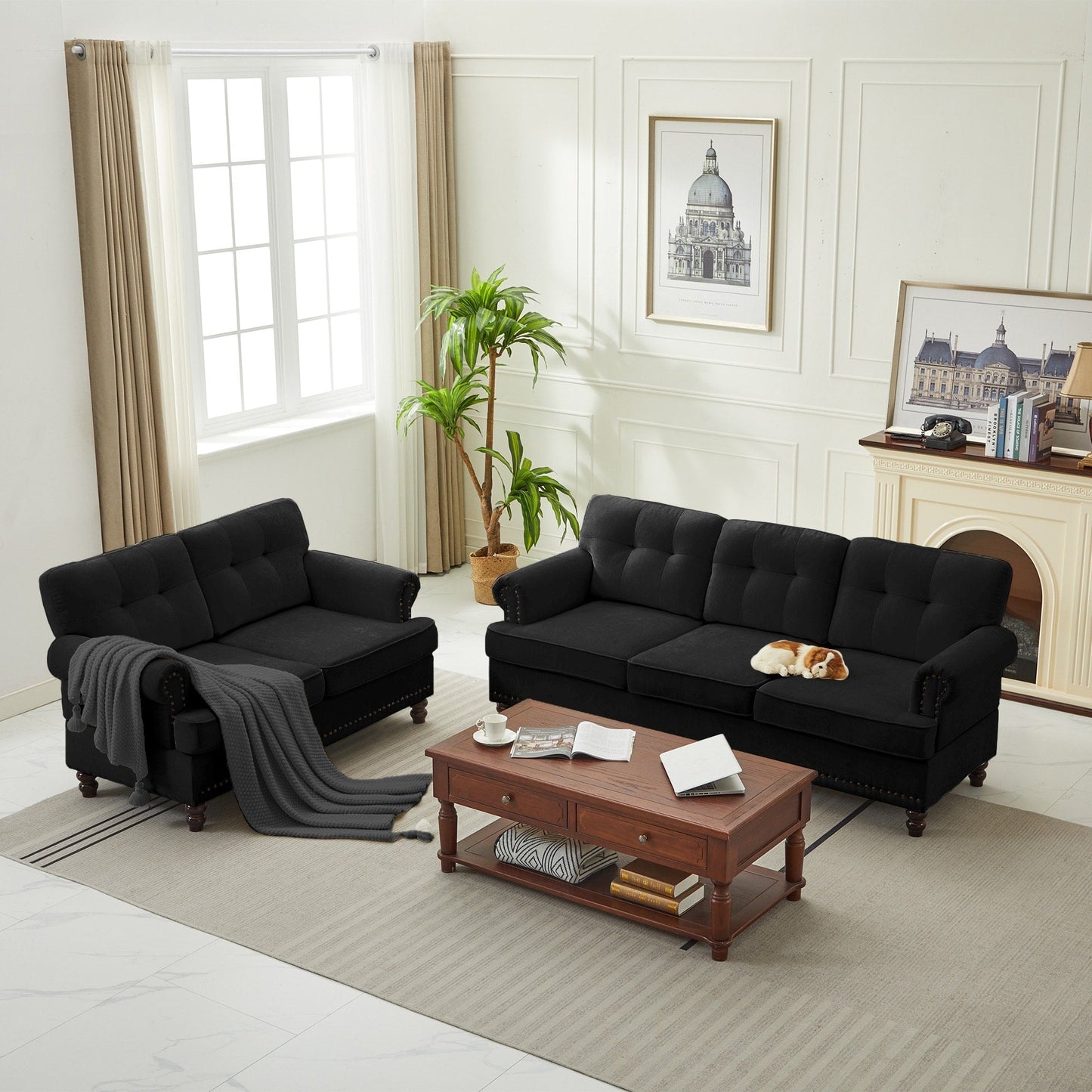 Set di 3 divani in ciniglia per soggiorno, rivestimento con bottoni e borchie, gambe in legno massello di gomma