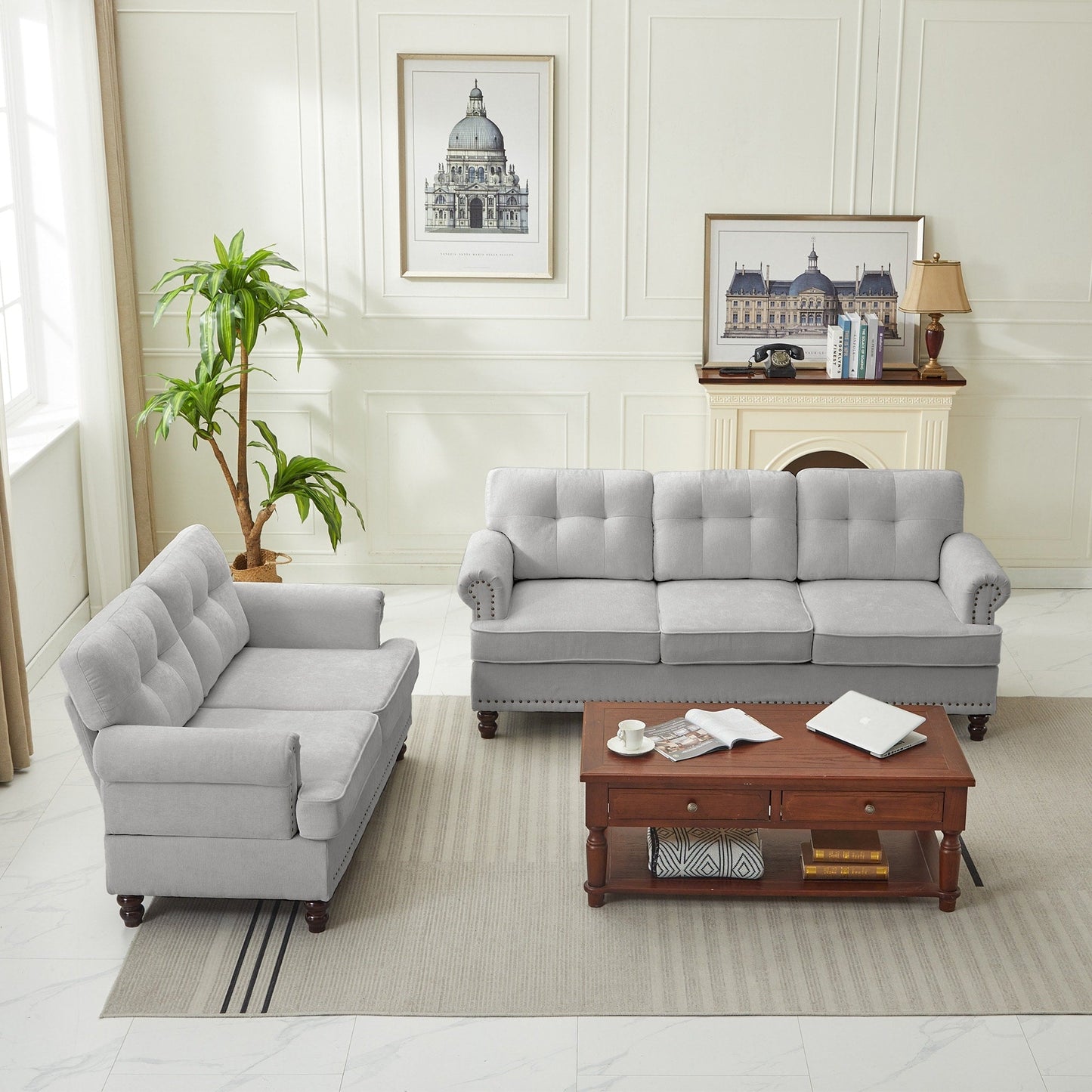 Set di 3 divani in ciniglia per soggiorno, rivestimento con bottoni e borchie, gambe in legno massello di gomma