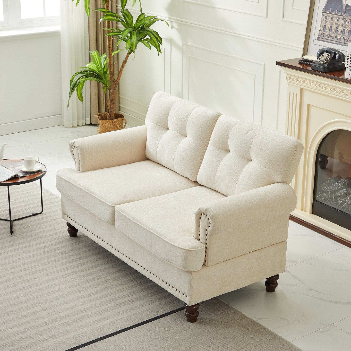 Set di 3 divani in ciniglia per soggiorno, rivestimento con bottoni e borchie, gambe in legno massello di gomma