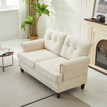 Set di 3 divani in ciniglia per soggiorno, rivestimento con bottoni e borchie, gambe in legno massello di gomma