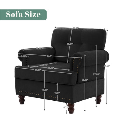 Set di 3 divani in ciniglia per soggiorno, rivestimento con bottoni e borchie, gambe in legno massello di gomma