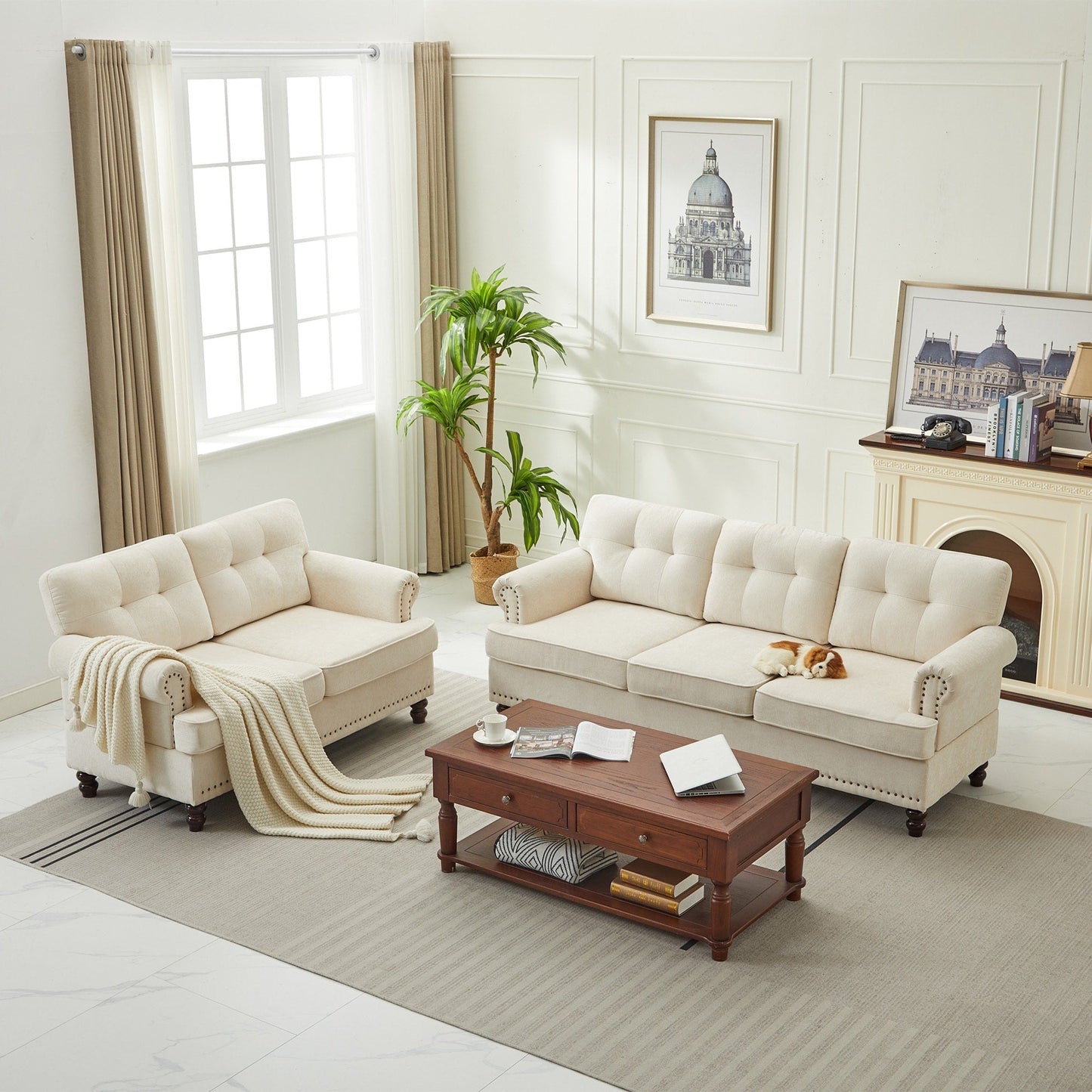 Set di 3 divani in ciniglia per soggiorno, rivestimento con bottoni e borchie, gambe in legno massello di gomma