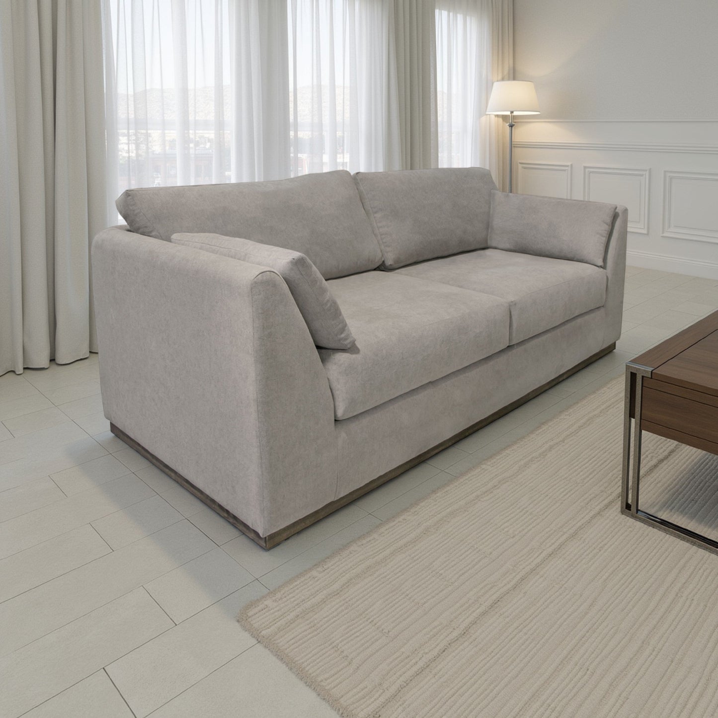 Divano Sian, poliestere grigio mandorla, 2 cuscini, legno di pino massello, 90 pollici